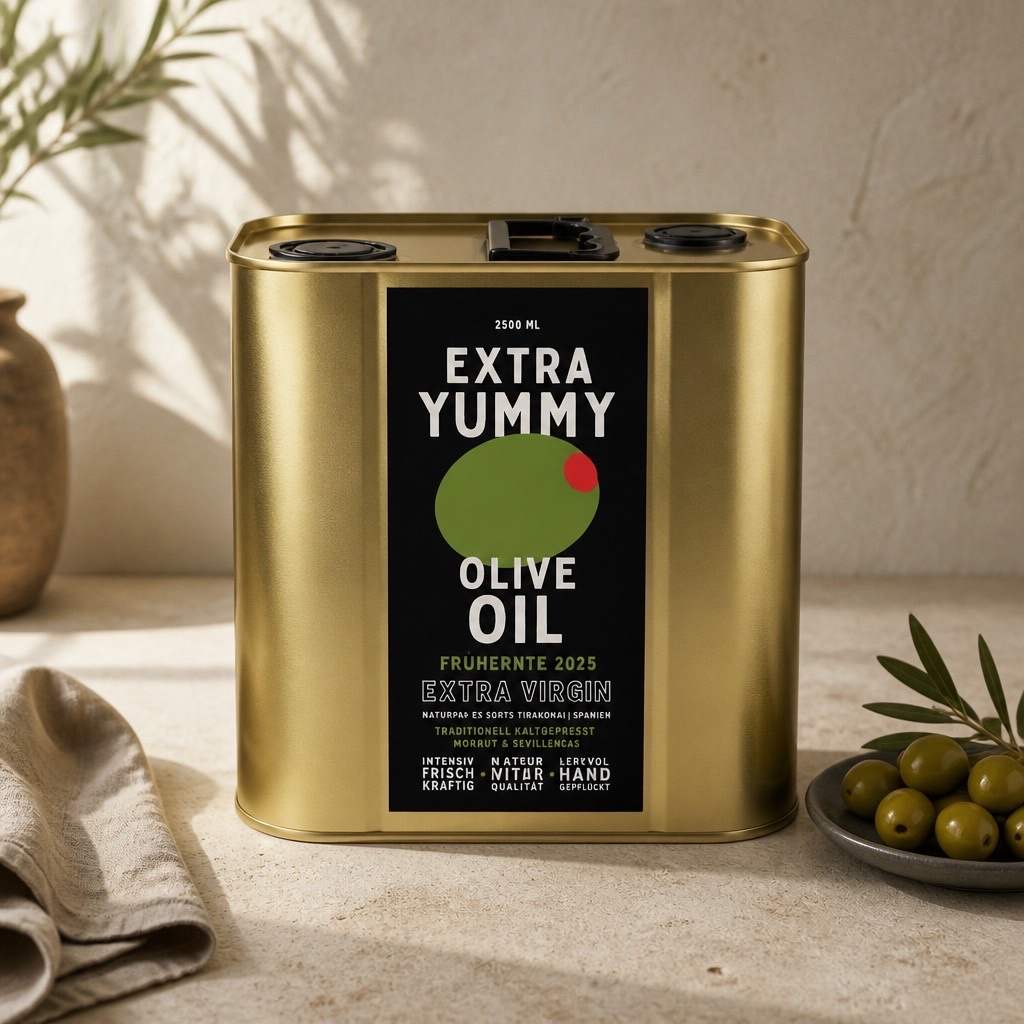 Extra-Yummy-Olivenöl in der goldenen Dose mit Oliven – als Firmengeschenk personalisierbar
