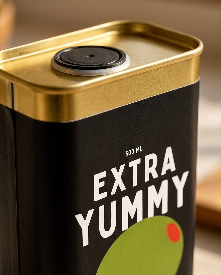 Schwarze Extra-Yummy-Dose mit grüner Olive auf dem Etikett