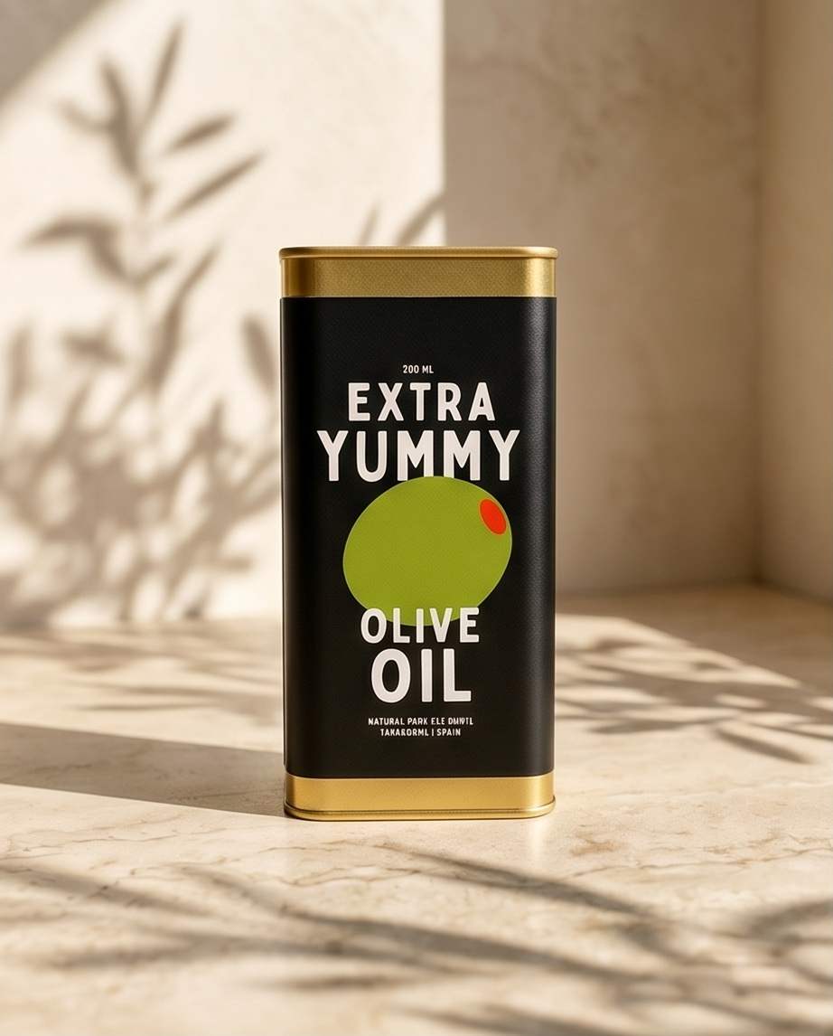 Extra-Yummy-Olivenöl in der schwarzen 500-ml-Dose im warmen Gegenlicht