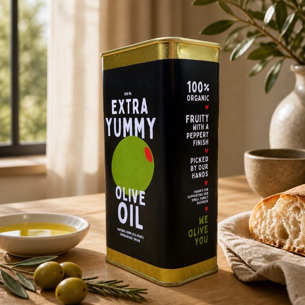 Extra-Yummy-Dose auf einem gedeckten Tisch mit Brot und Oliven